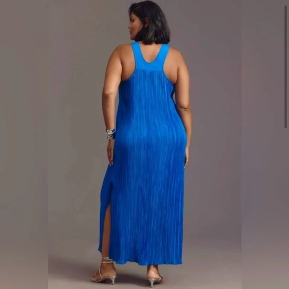 NWT Anthropologie Plus royal blue pleated halter plisse maxi dress long midi  3X
